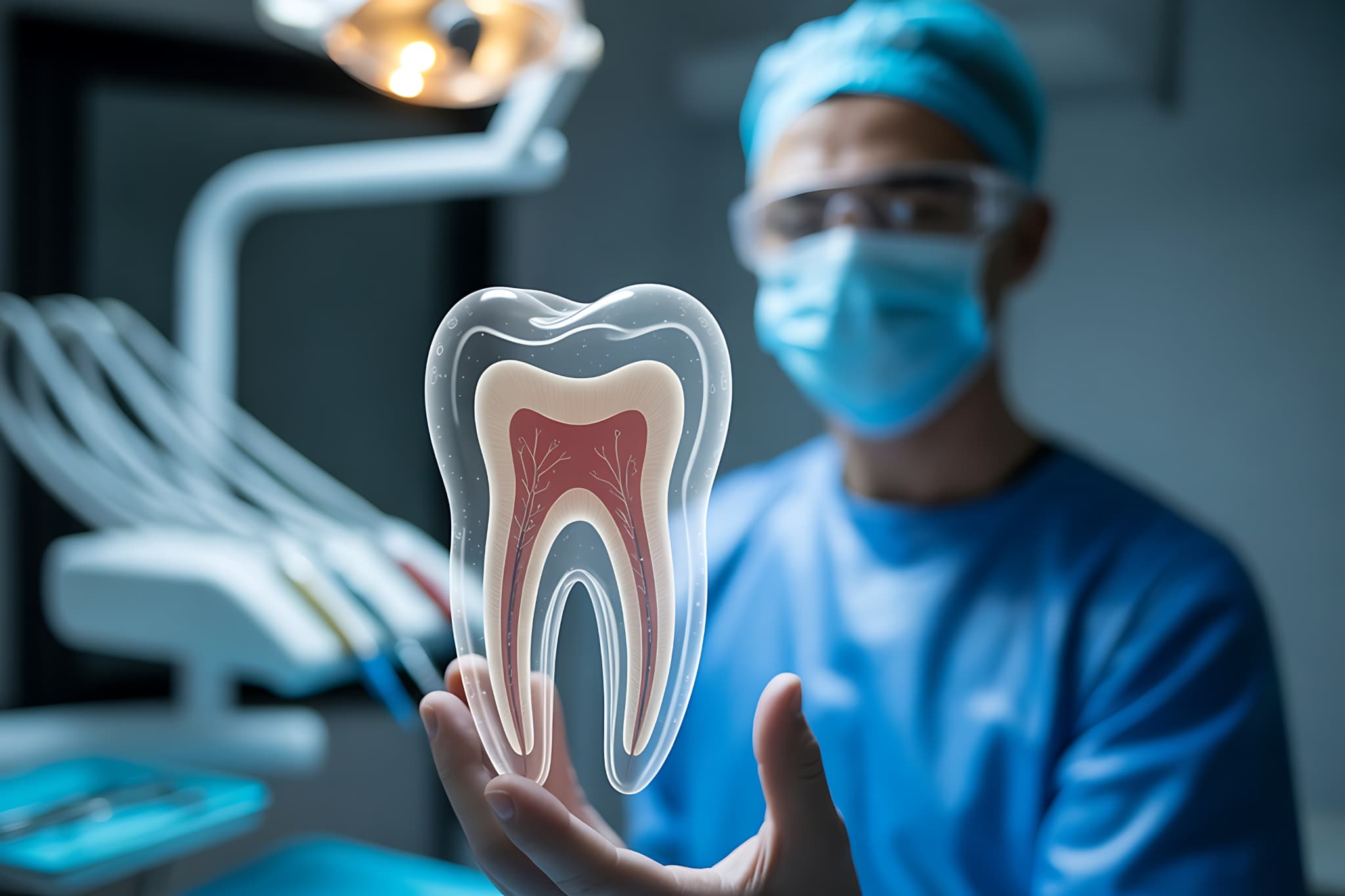 歯の神経が見える模型を示す歯科医