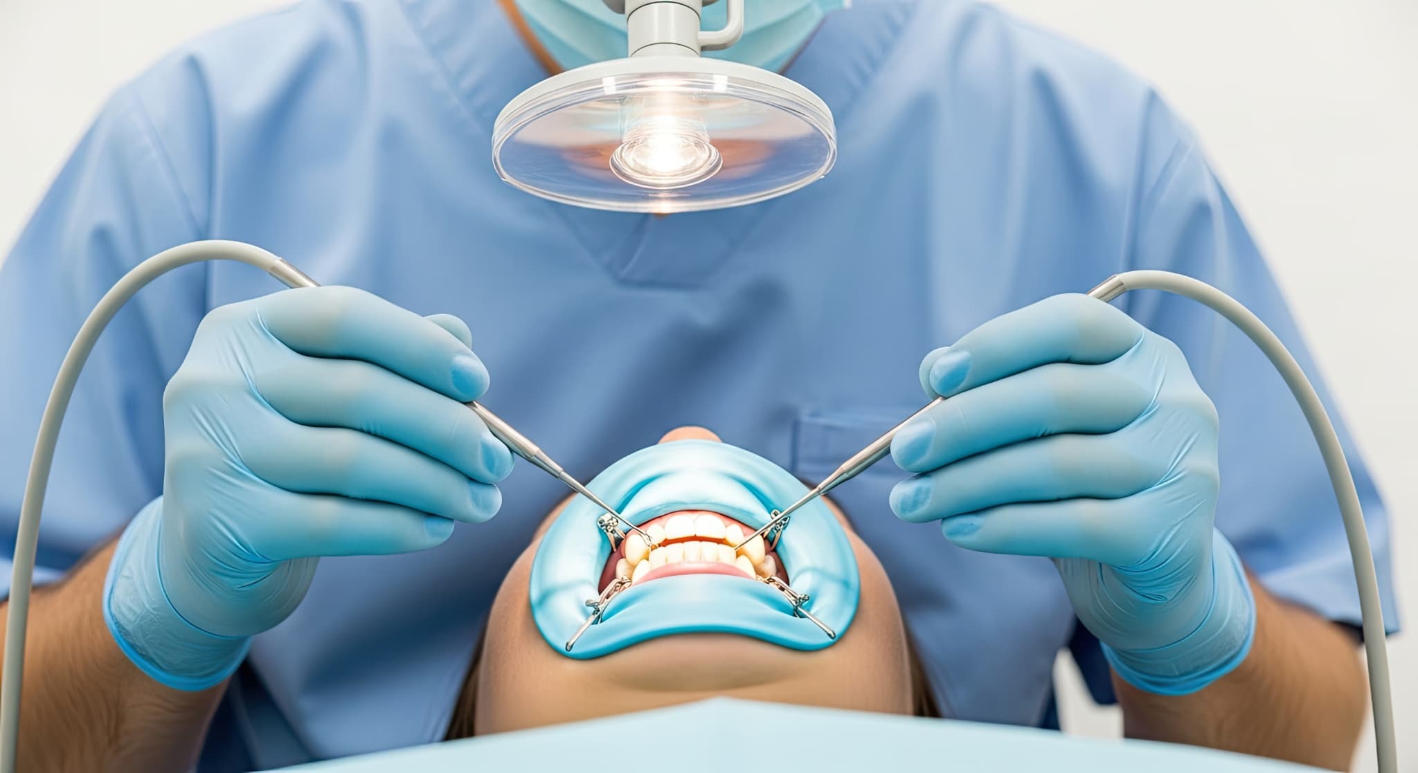 根管治療のやり直しをしている歯科医と患者