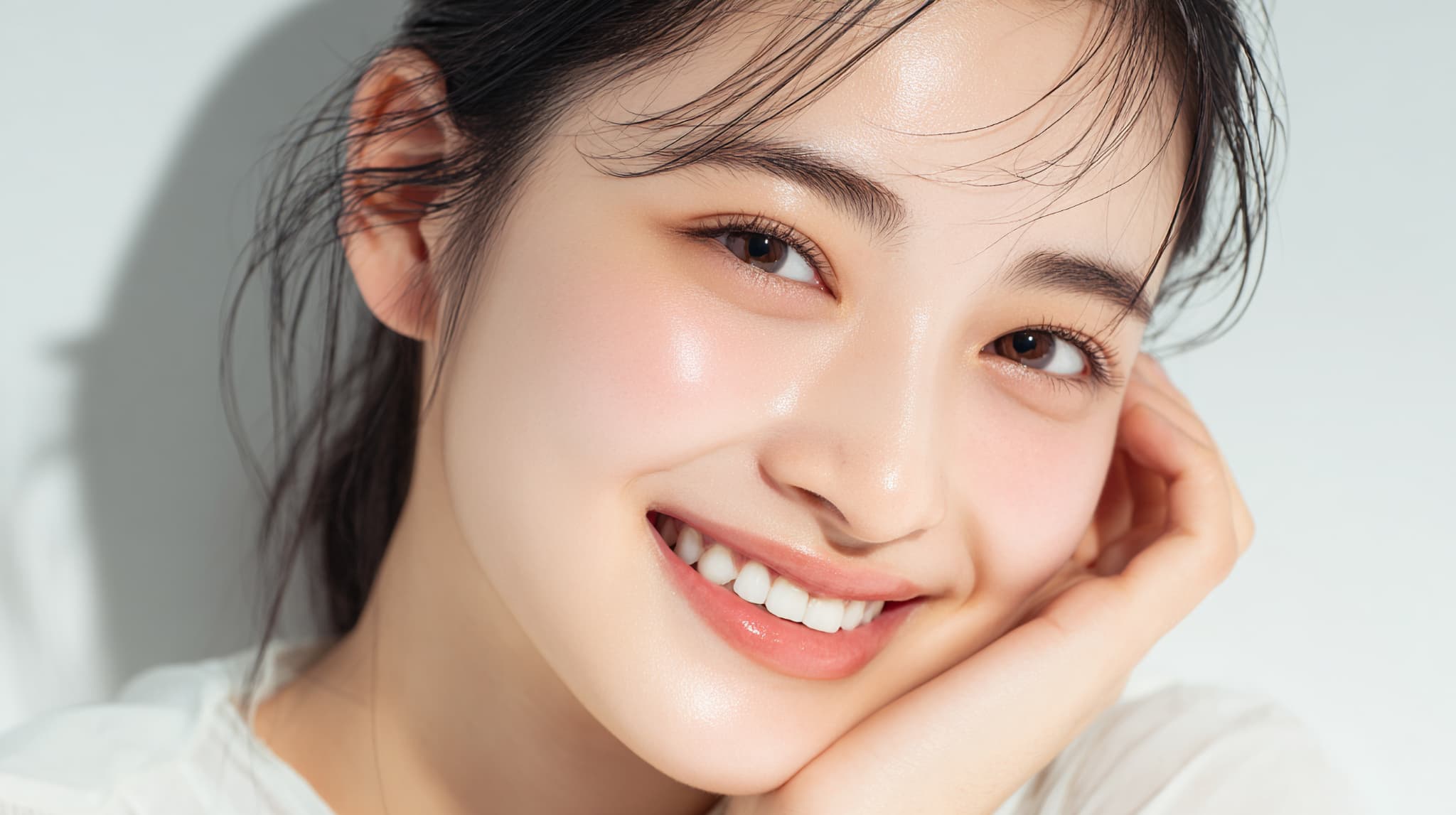 セラミックの歯を見せて笑う女性